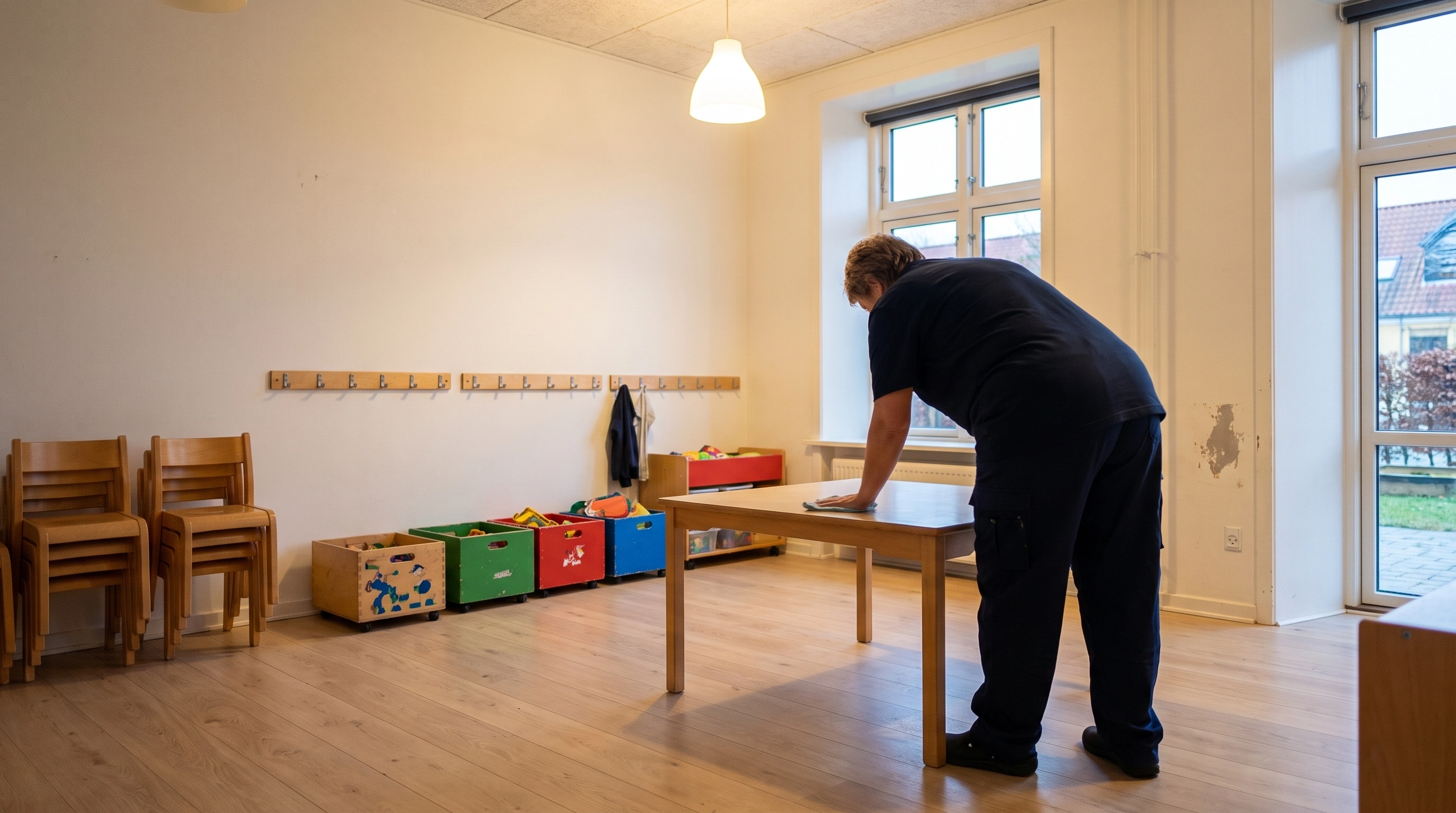 Grupperum i daginstitution med rene borde og ryddet gulv