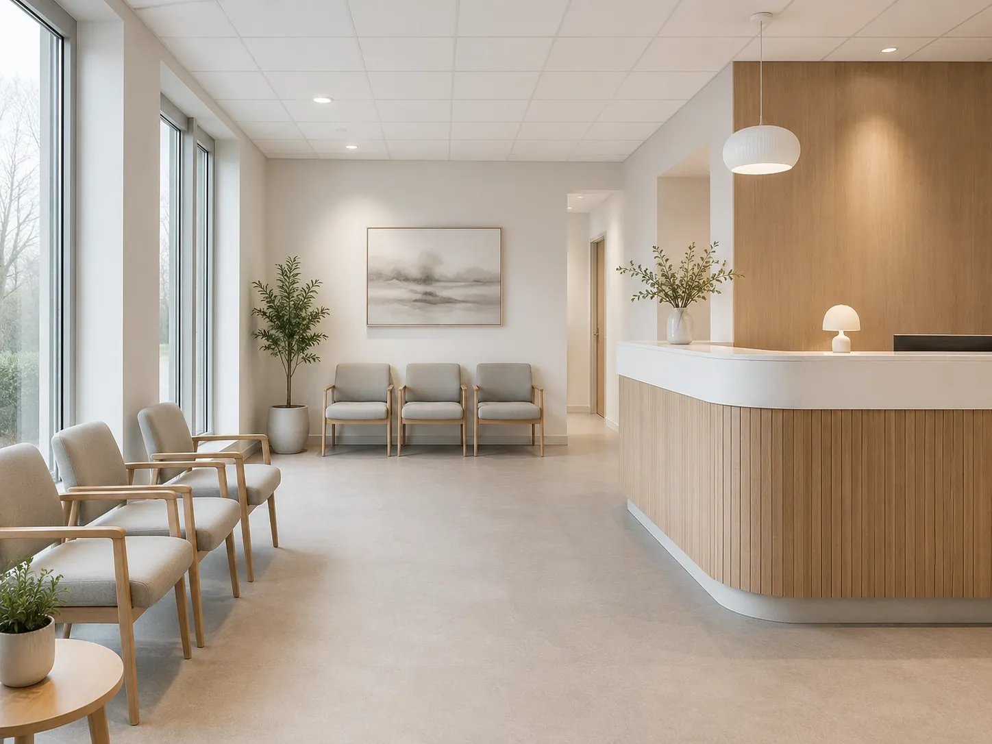 Venteværelse på klinik med enkel indretning