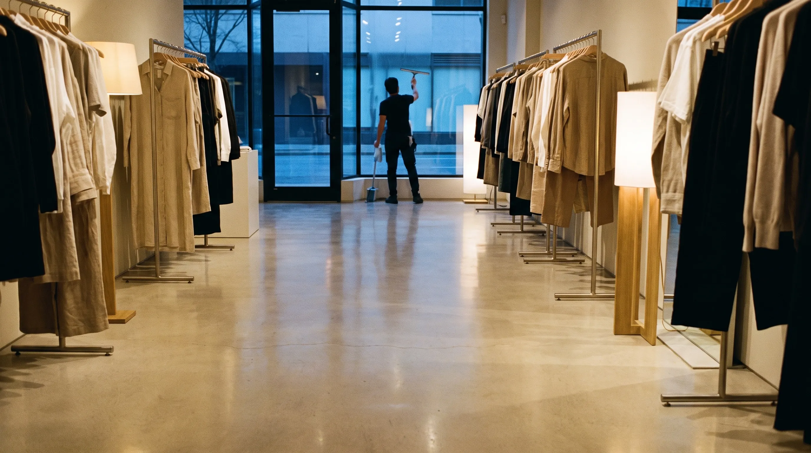 Butikslokale med rene gulve og blankpolerede udstillingsvinduer