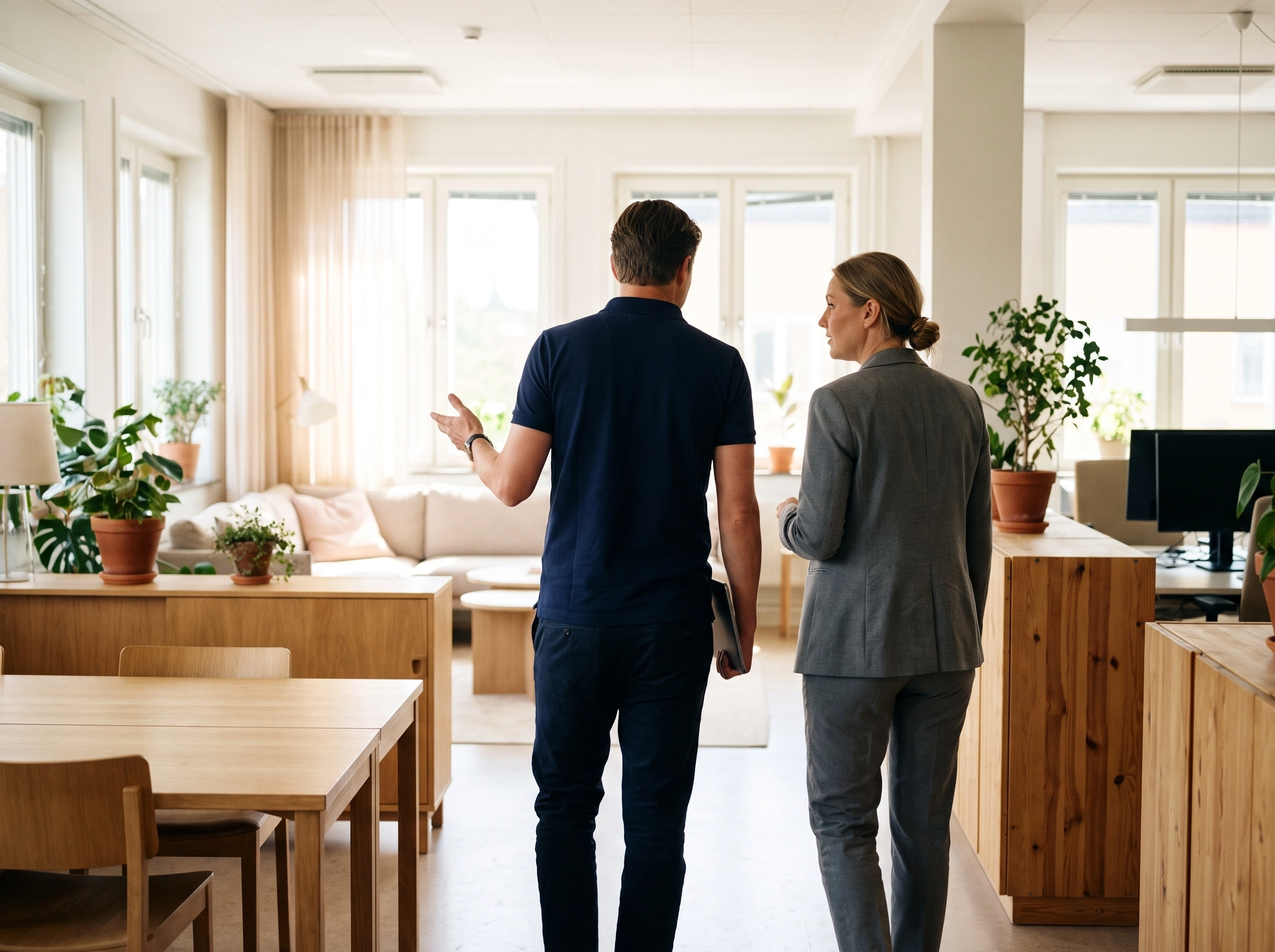 To personer går gennem et lyst kontor under en gennemgang af lokalerne