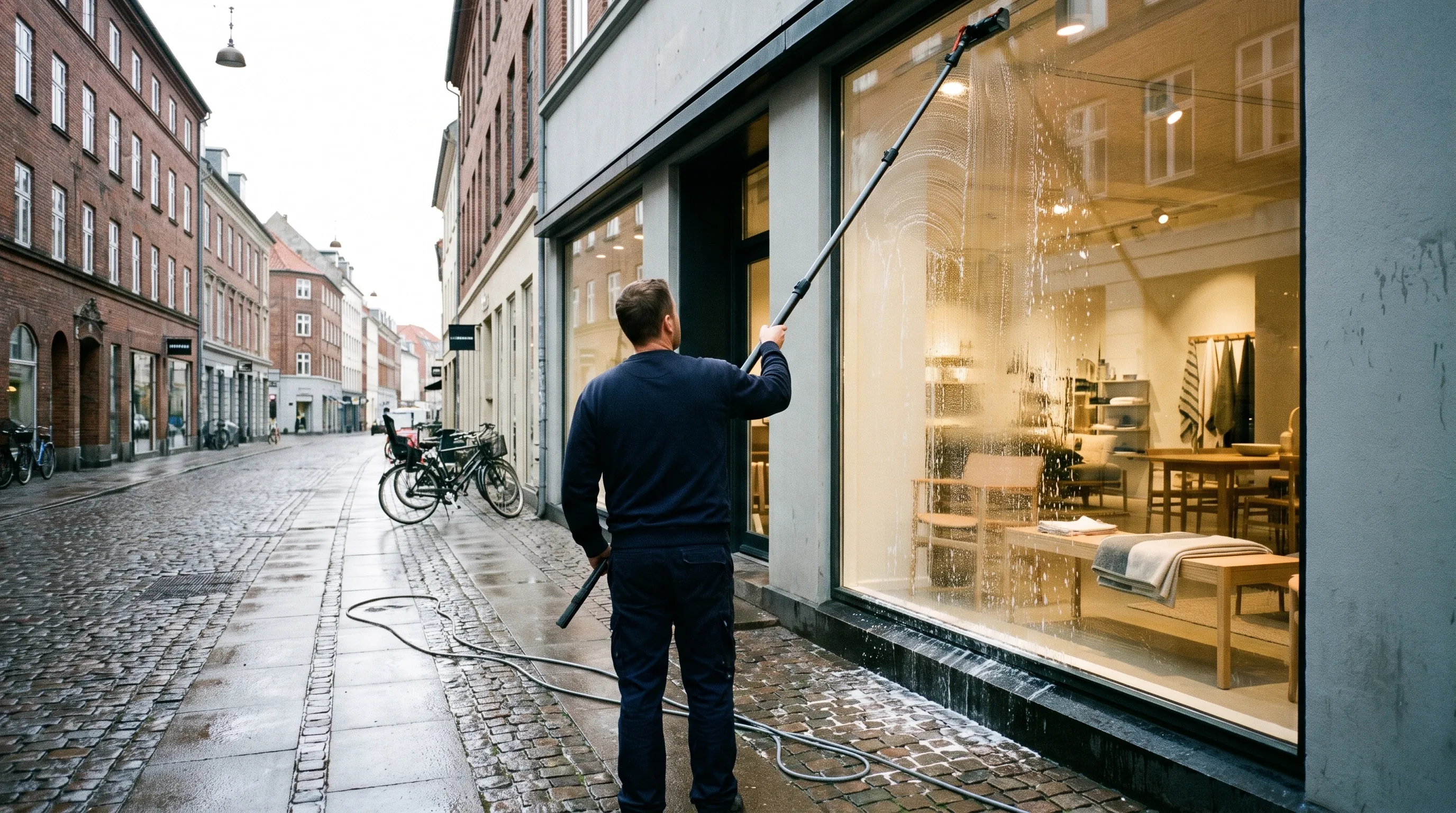 Vinduespudsning af facadeglas med teleskopstang i stueplan